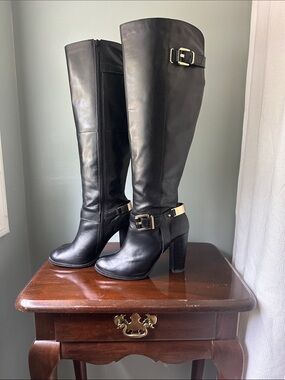 Classic Women's Black Knee-High Heeled Boots with Buckle, ALDO Brantingham-97